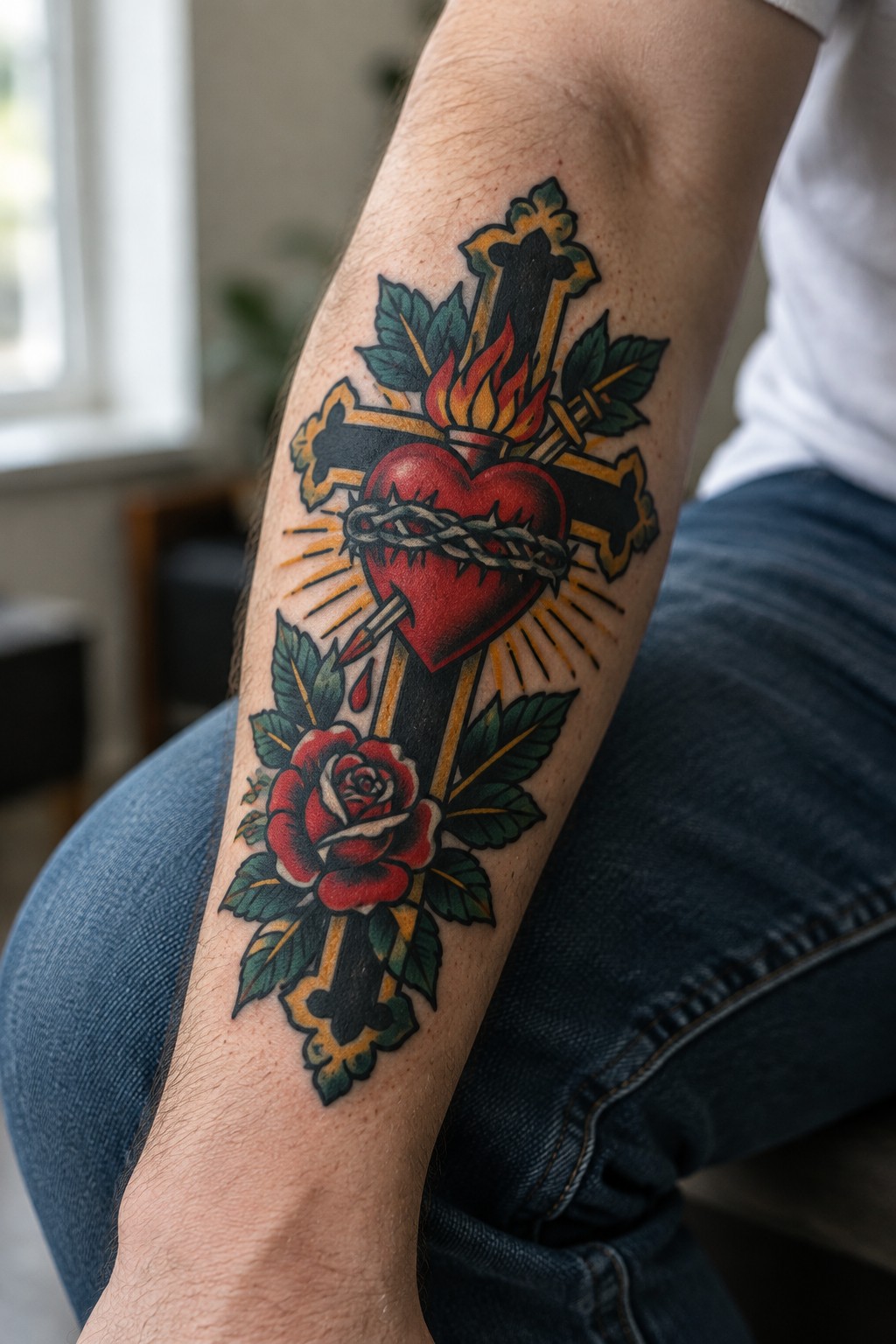 Colorful traditional tattoo of cross with flaming sacred heart and red rose on arm.