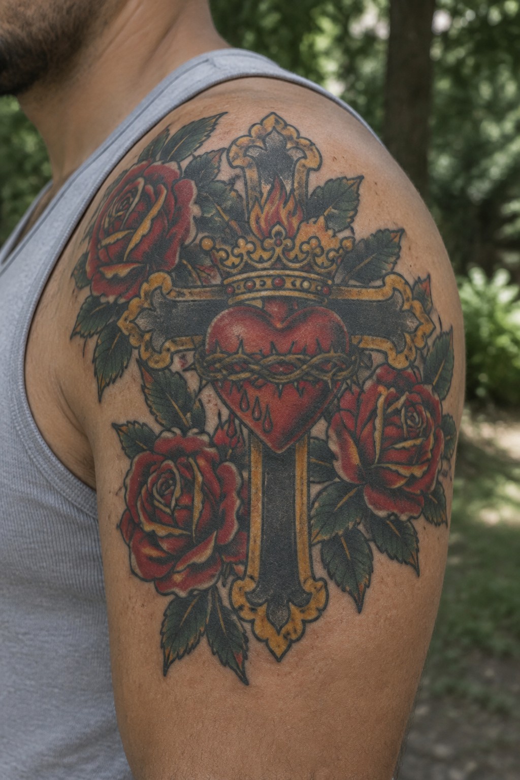 American traditional tattoo of a cross with sacred heart, crown, thorns, and red roses on a man's upper arm and shoulder.