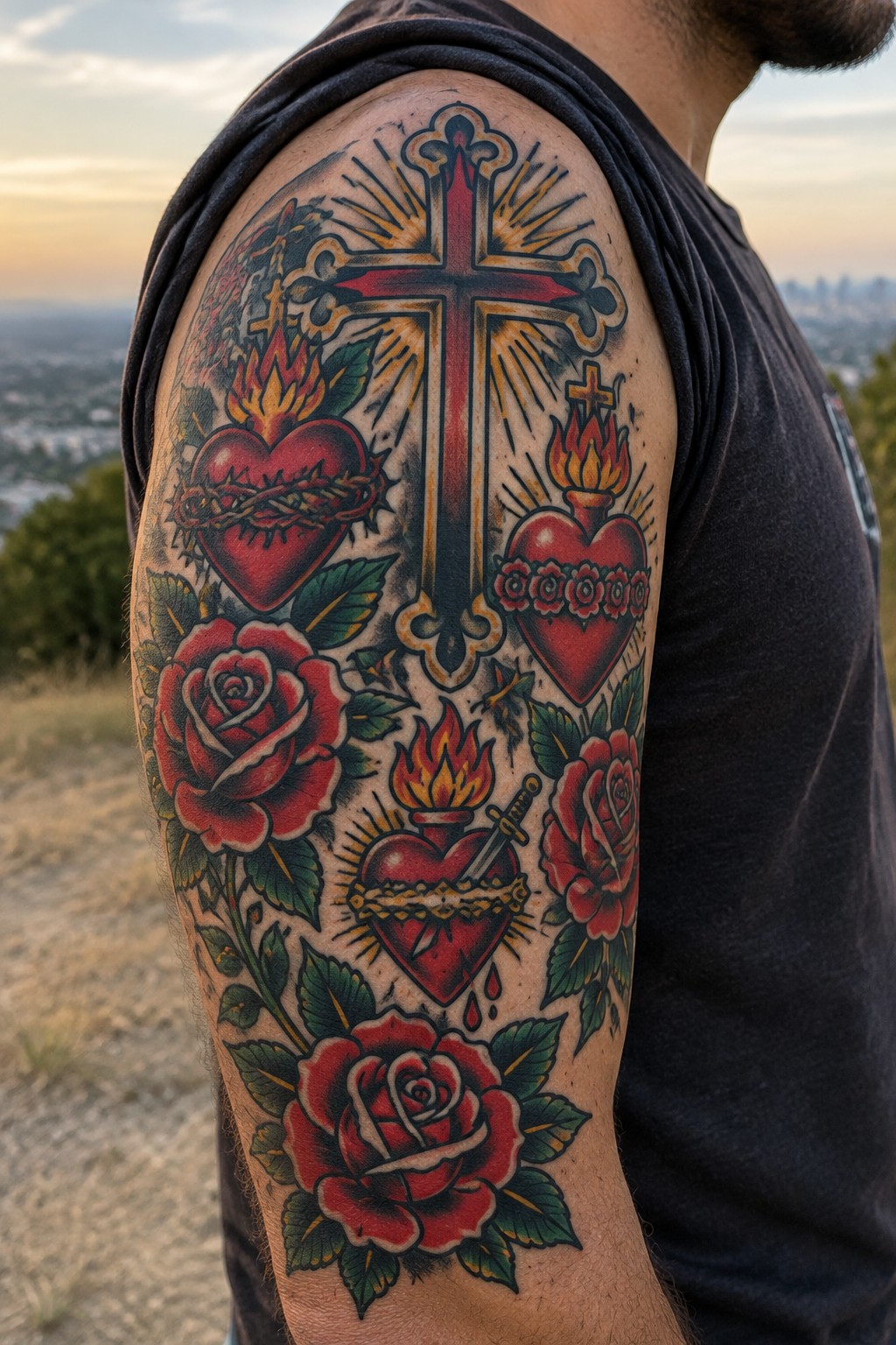 Black tank top reveals vibrant traditional tattoo of cross, hearts, and roses on arm.