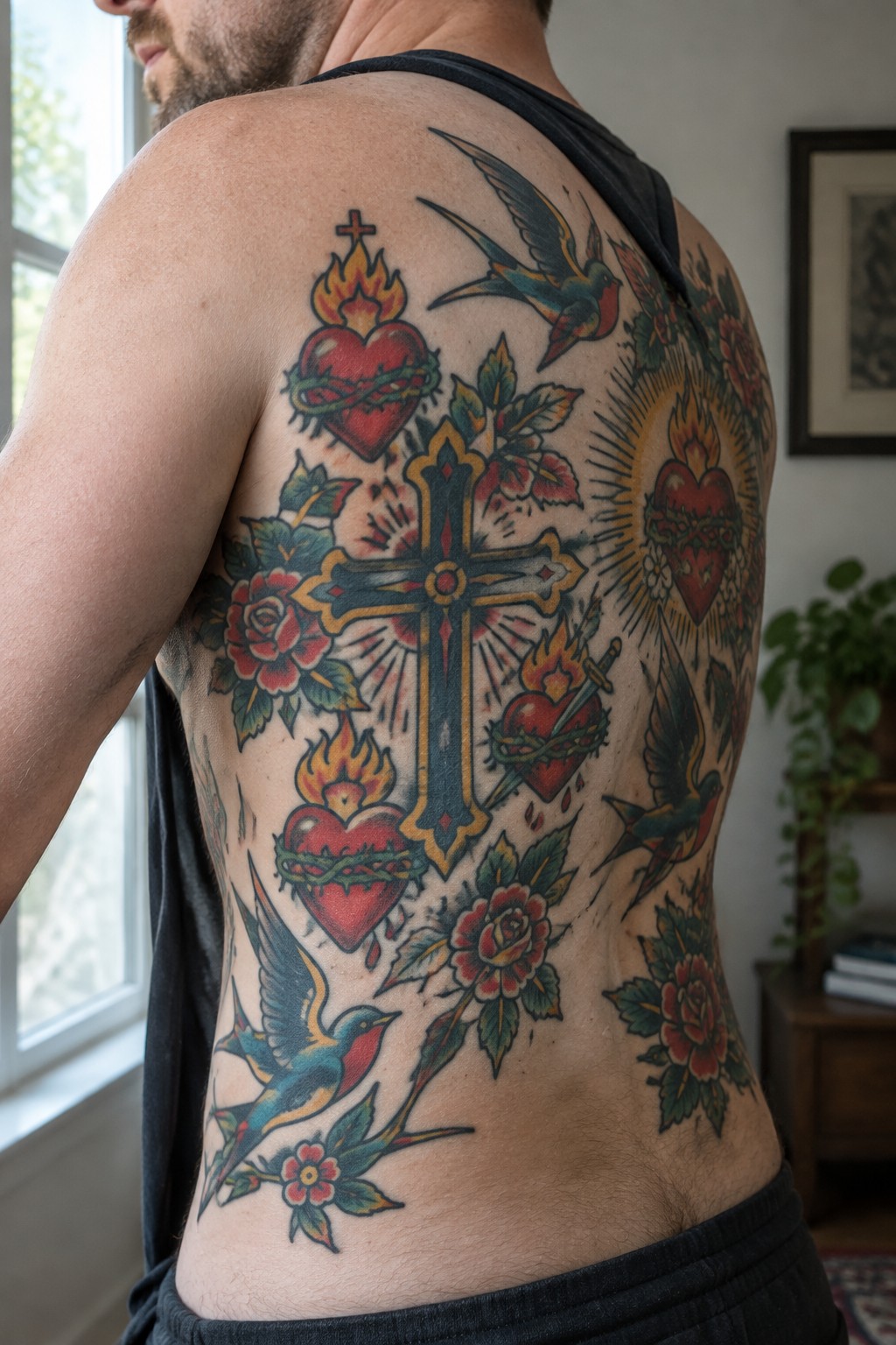 Man's back in black tank top covered in colorful traditional tattoos of hearts, crosses, and swallows.