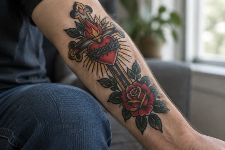 Colorful traditional tattoo of cross with flaming sacred heart and red rose on arm.