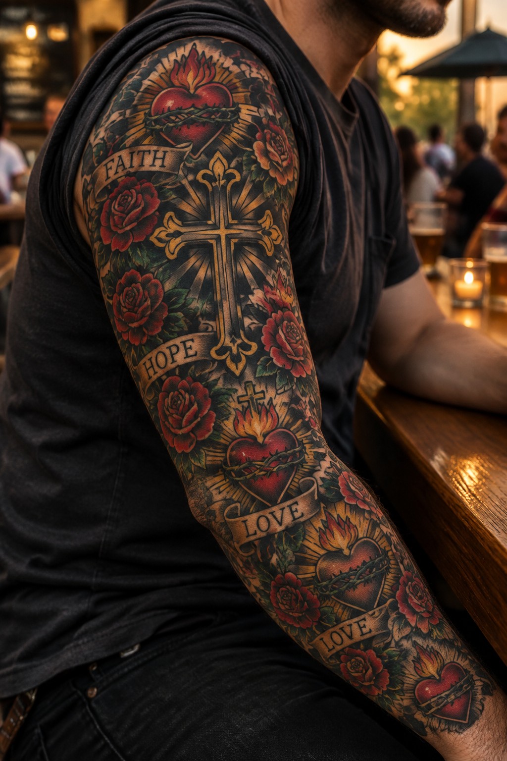 Full arm sleeve tattoo in American traditional style showing multiple sacred hearts with thorns and flames, crosses, red roses, and banners reading faith hope and love