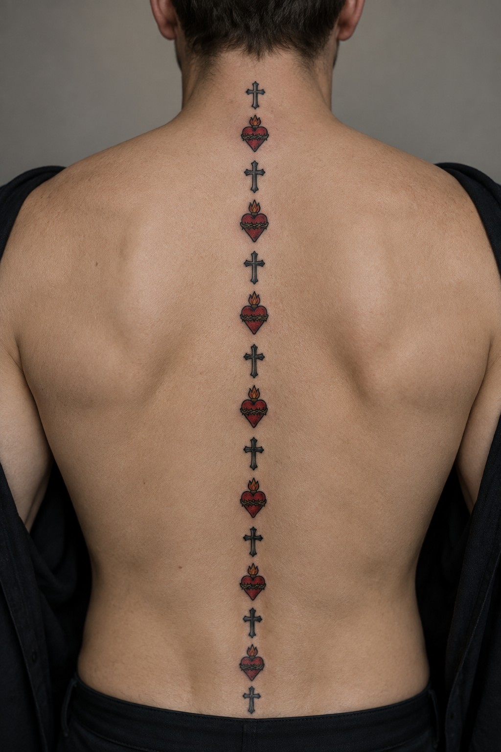 Vertical tattoos of black crosses and red flaming hearts line bare back