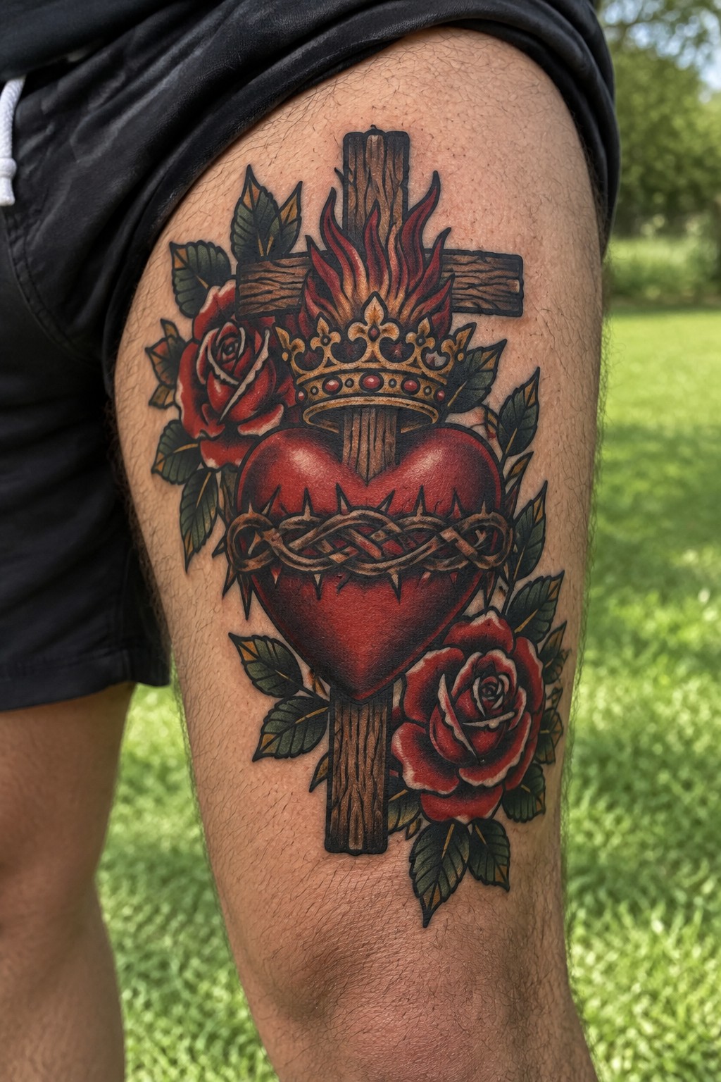 Vibrant red sacred heart tattoo with crown, cross, thorns and roses on thigh
