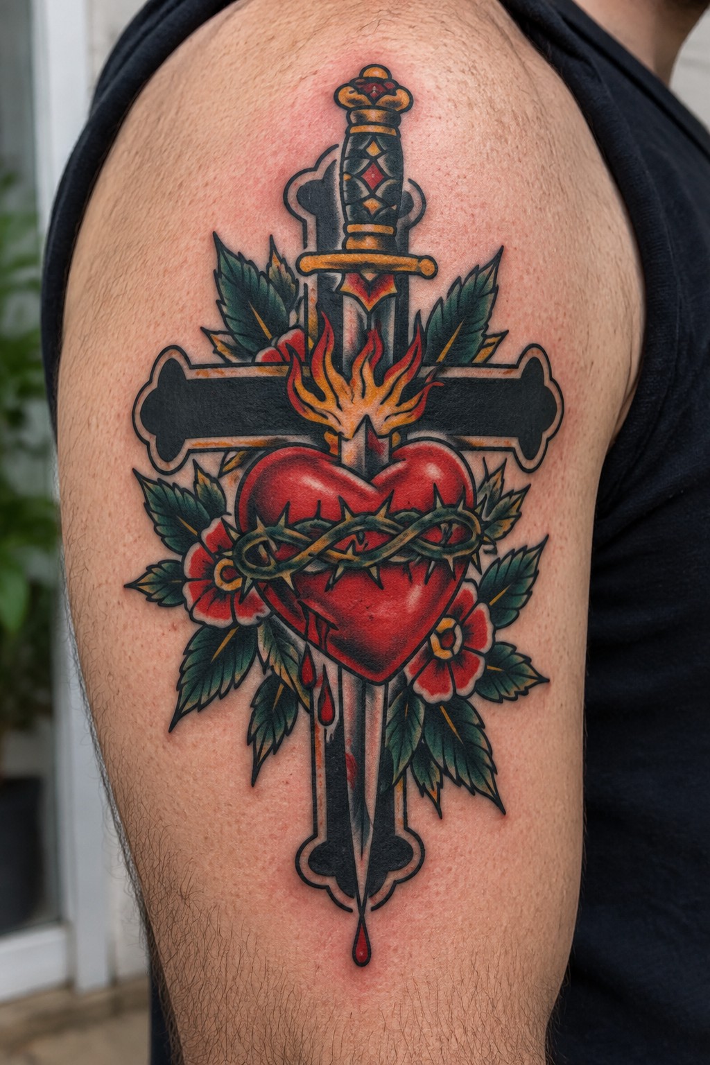 Traditional tattoo of dagger piercing thorny heart with cross, flames, and roses on shoulder.