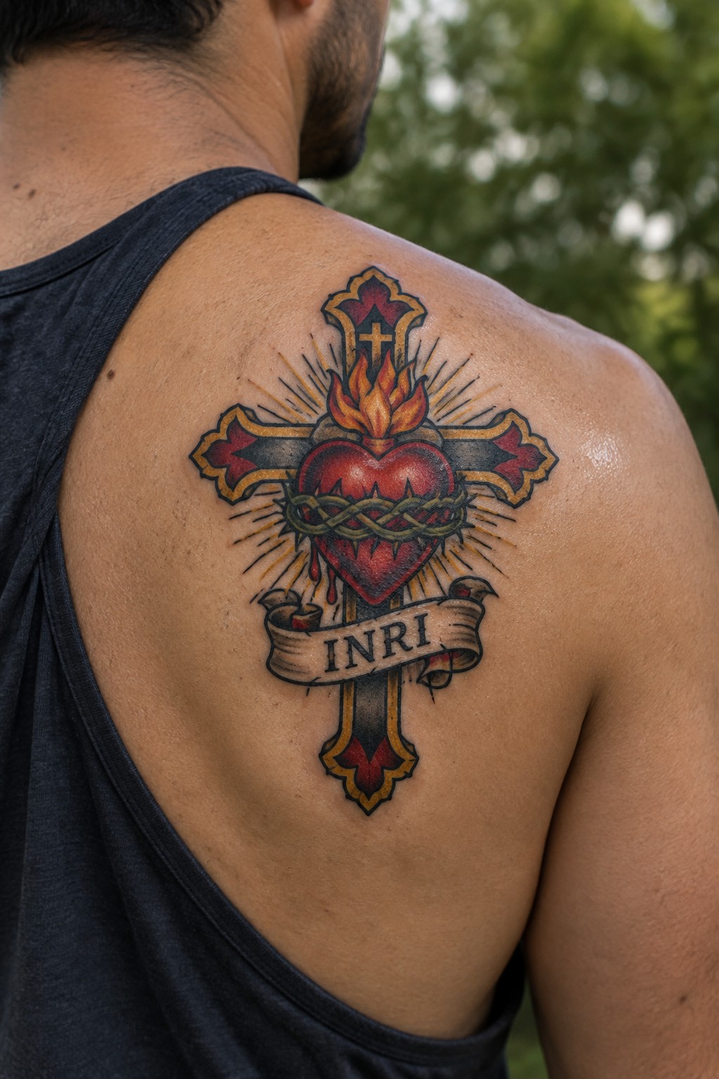 Man's shoulder with colorful crucifix tattoo, flaming heart, thorns, and INRI banner.