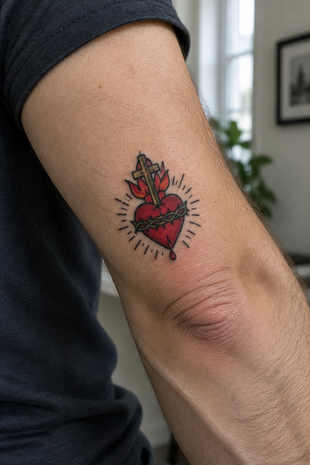 Hairy arm in dark shirt with red sacred heart tattoo, cross, and flames