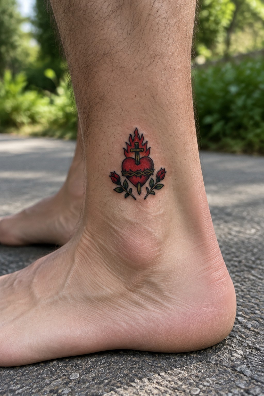 Sacred heart tattoo with flames, cross, thorns, and roses on hairy ankle