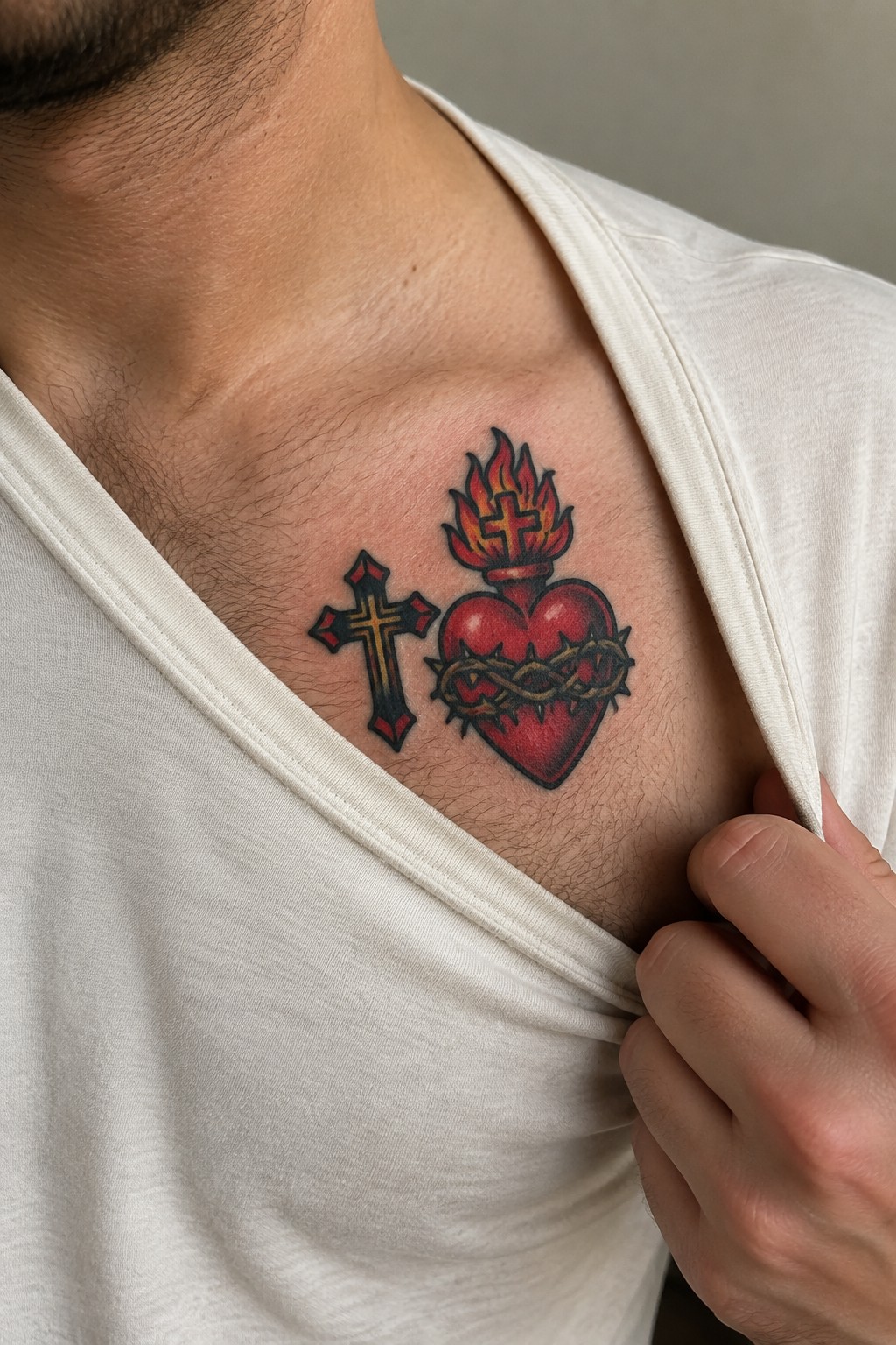 Hand pulling white V-neck shirt down to reveal cross and flaming heart tattoos