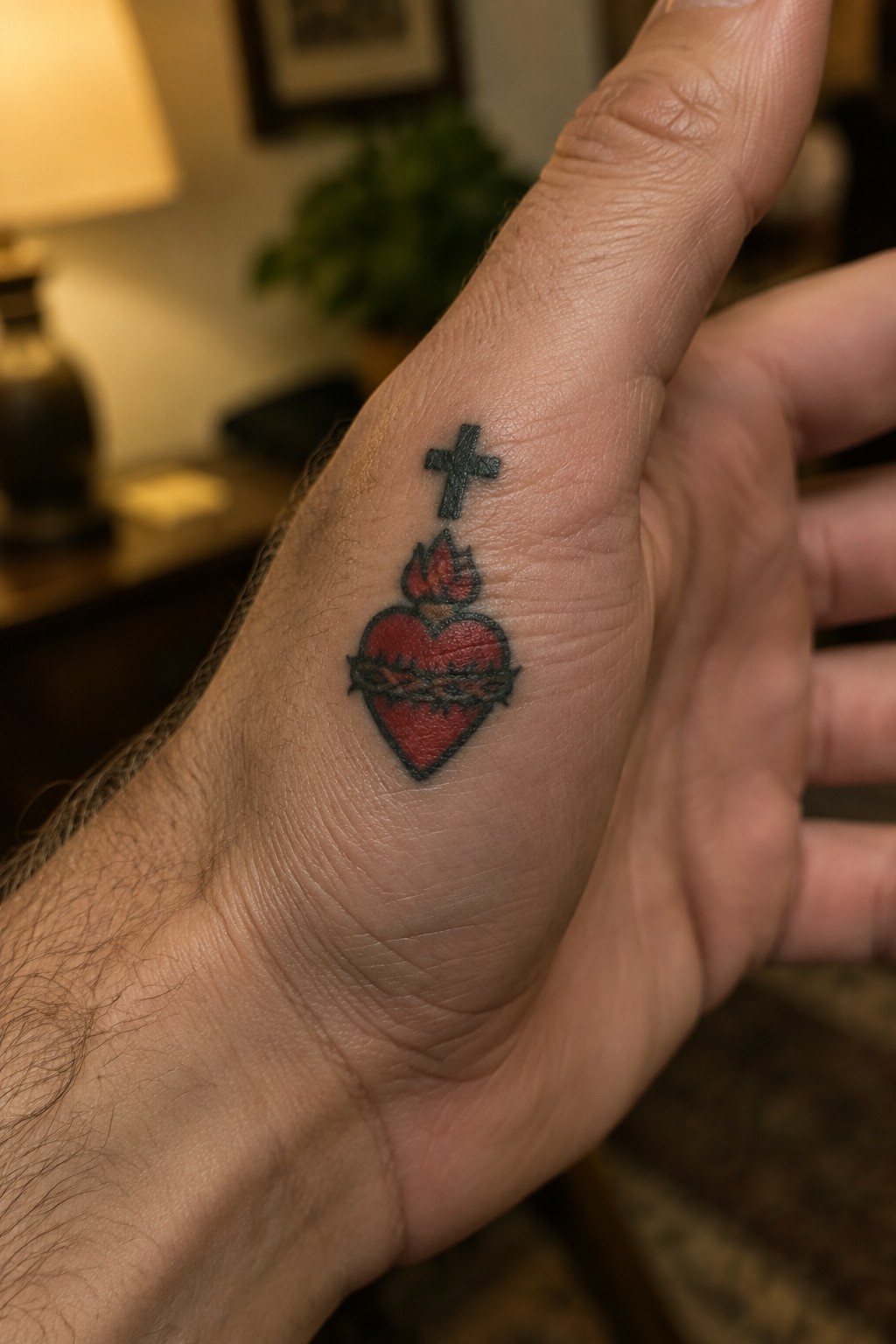 Red sacred heart tattoo with cross, flames, and thorns on a hand.