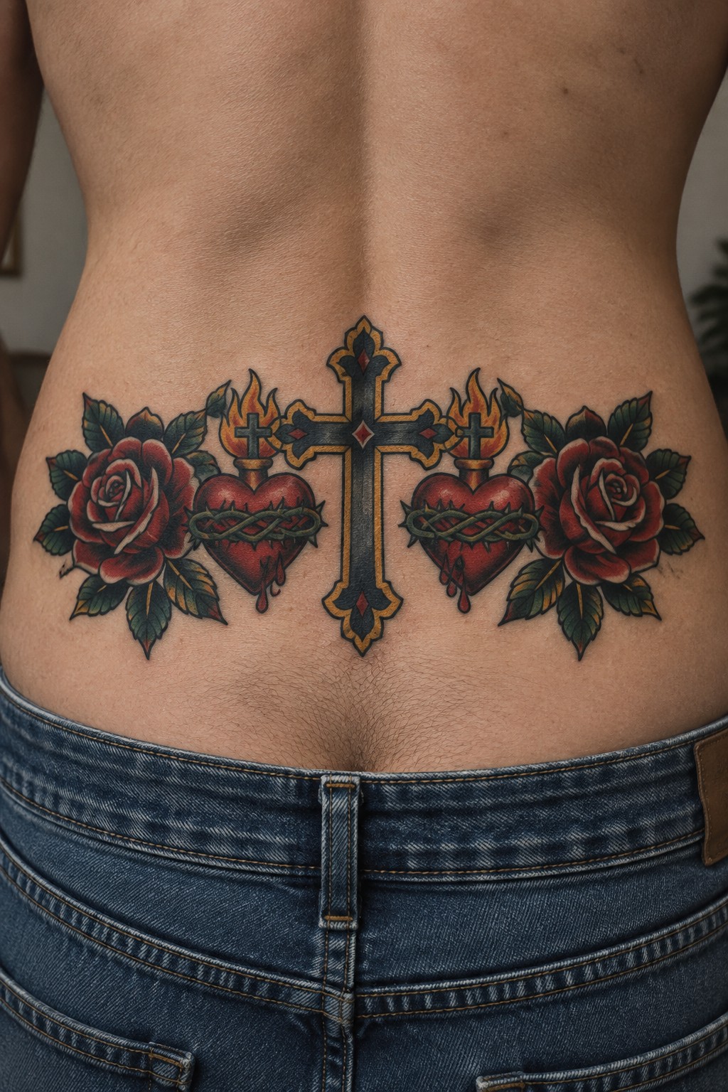 Lower back tattoo with central cross, flaming hearts, red roses, above blue jeans.