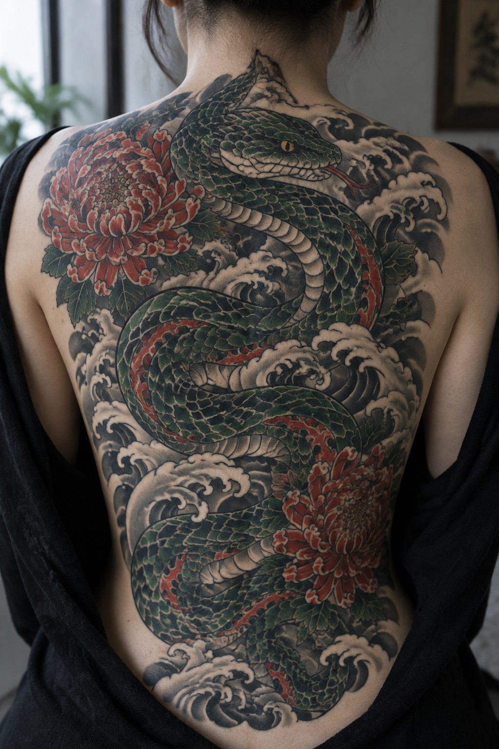Woman's back with green snake tattoo, red flowers, and waves under black top.