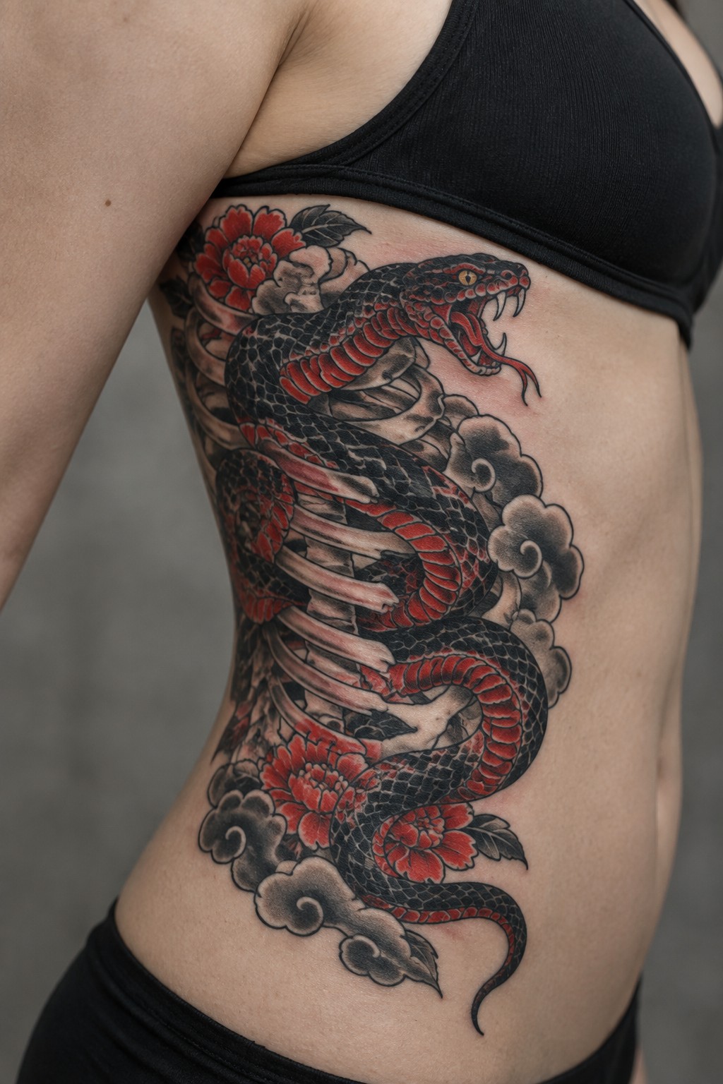 Black and red snake tattoo coiled around ribs with peonies and clouds on torso