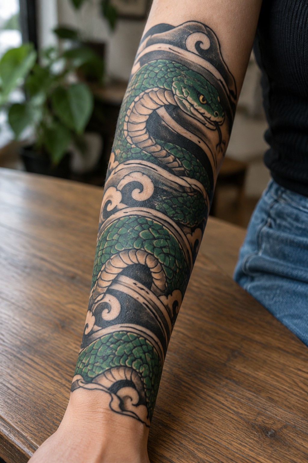 Close up of a green Japanese style snake tattoo coiling around the forearm with black cloud motifs.