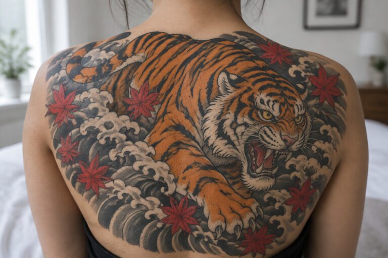 22 Bold Japanese-Inspired Animal Tattoos for Women Featuring Tigers, Snakes, and Koi Intricate back tattoo of roaring tiger amid waves and red maple leaves