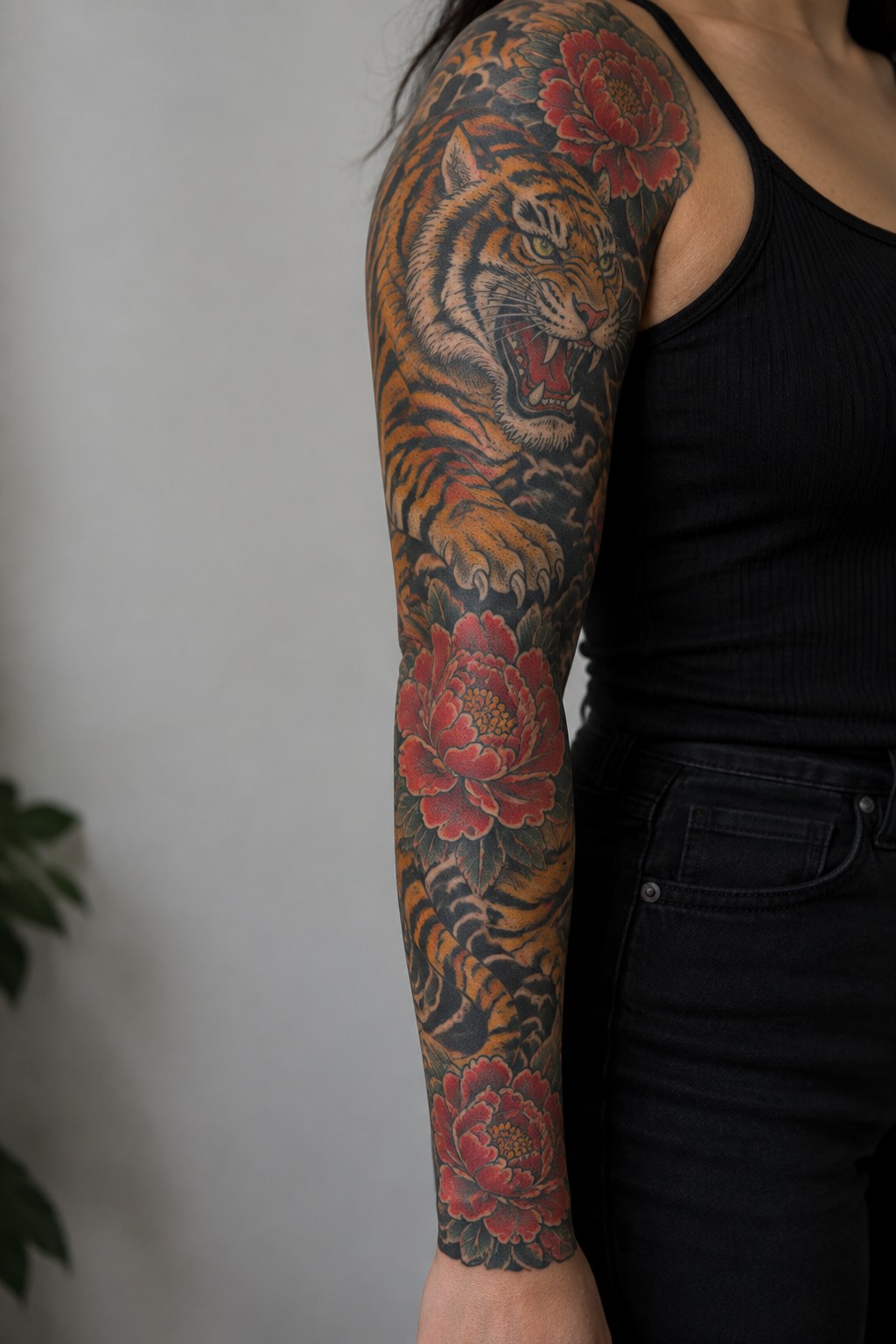 Woman's arm with vibrant tiger and red peony tattoo sleeve in black tank top.