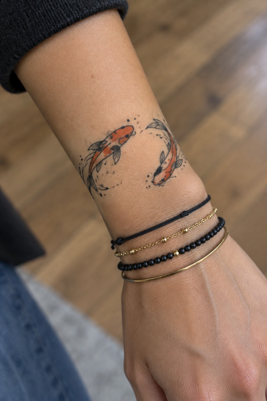 Wrist with orange koi fish tattoos and layered black, gold, beaded bracelets