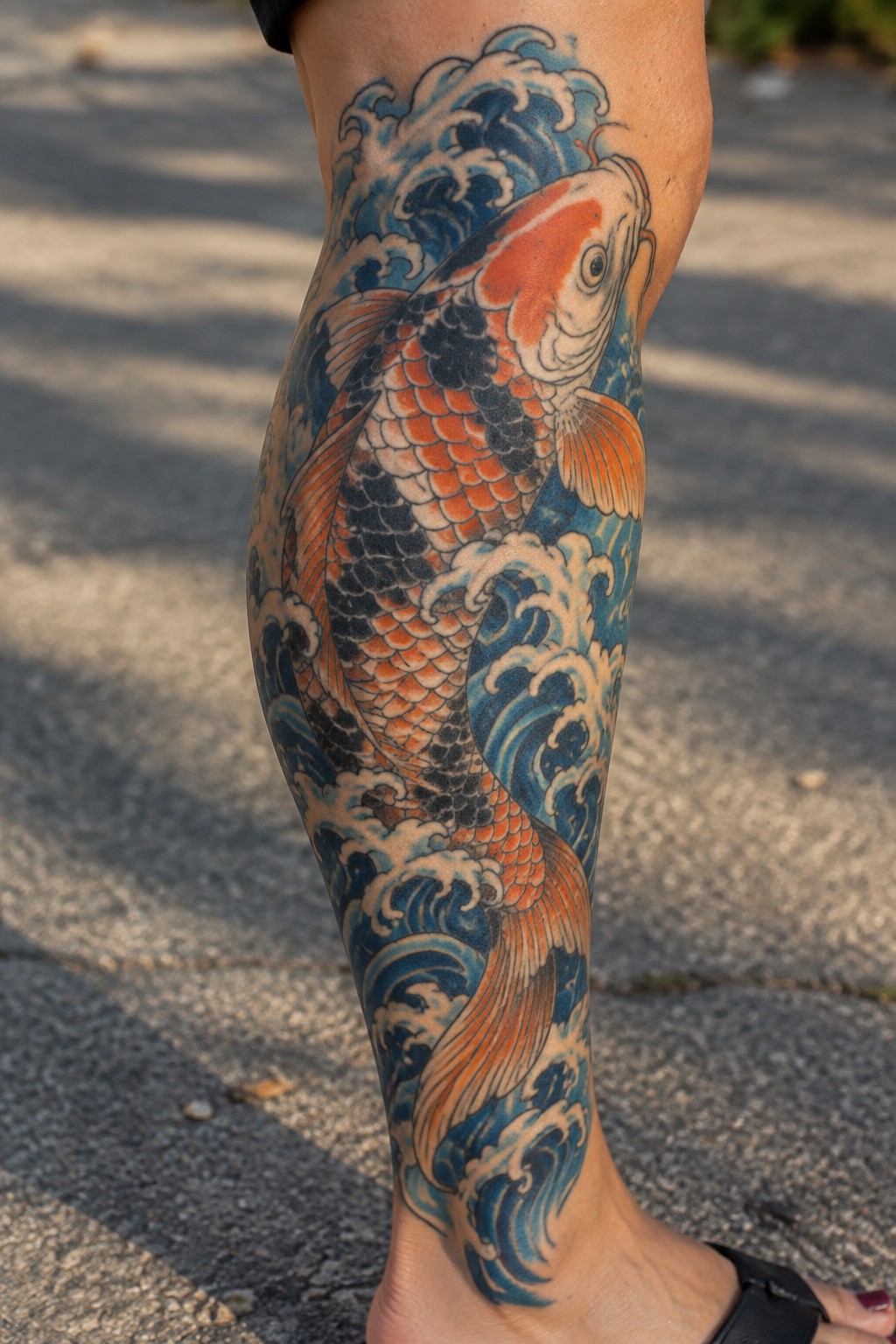 Vibrant koi fish tattoo with blue waves on lower leg and ankle