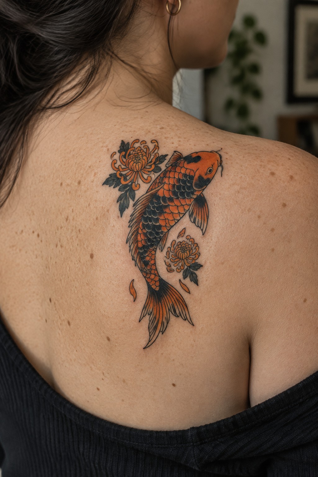 Orange koi fish with chrysanthemum flowers tattooed on woman's upper back