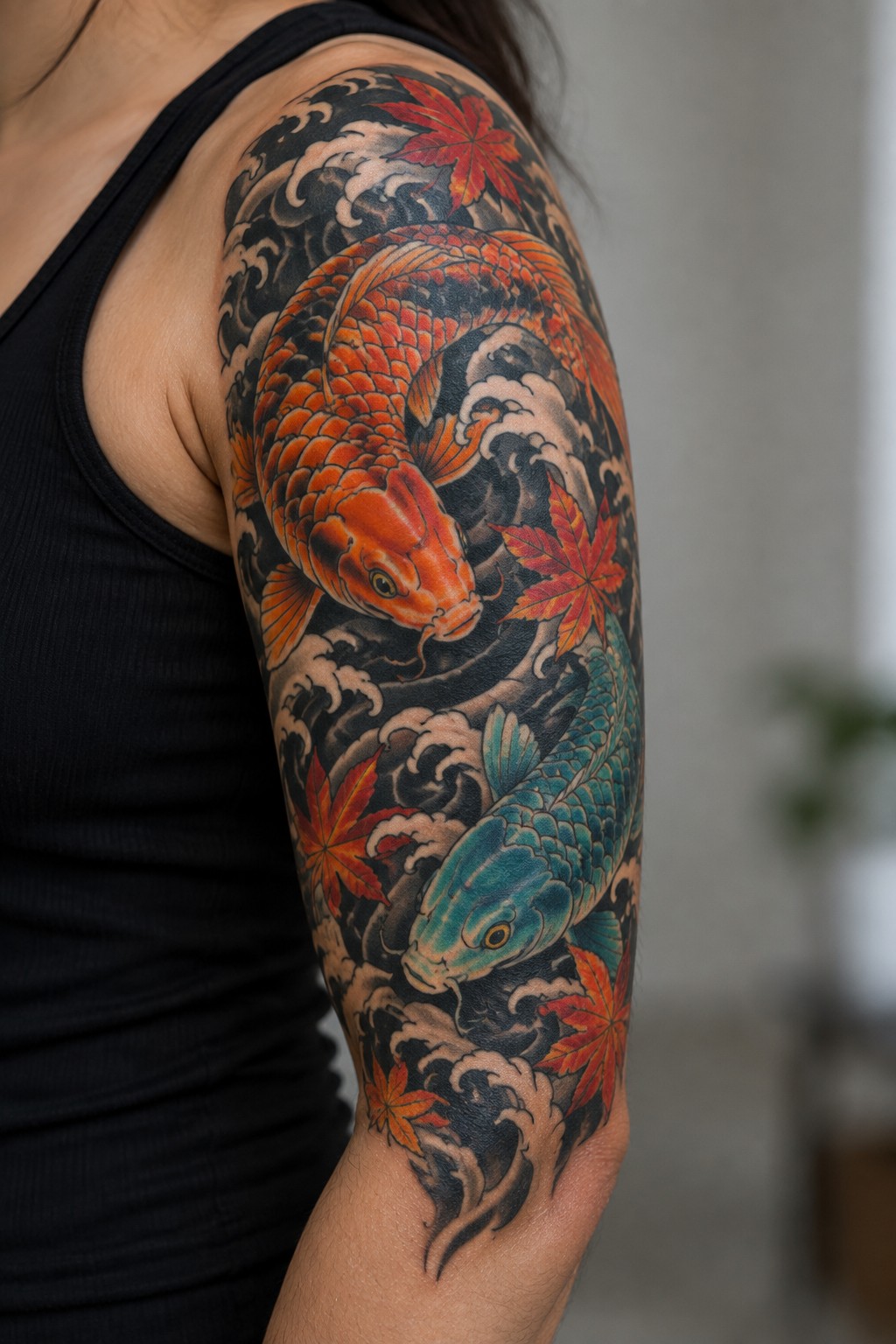 Vibrant koi fish tattoo with waves and red maple leaves on arm in black tank top