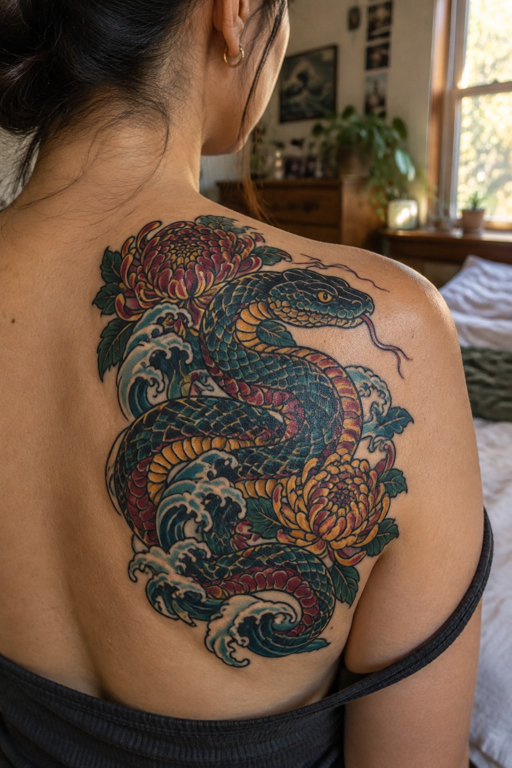 Woman's upper back and shoulder with a large colorful Japanese-style snake tattoo coiled among chrysanthemum flowers and waves