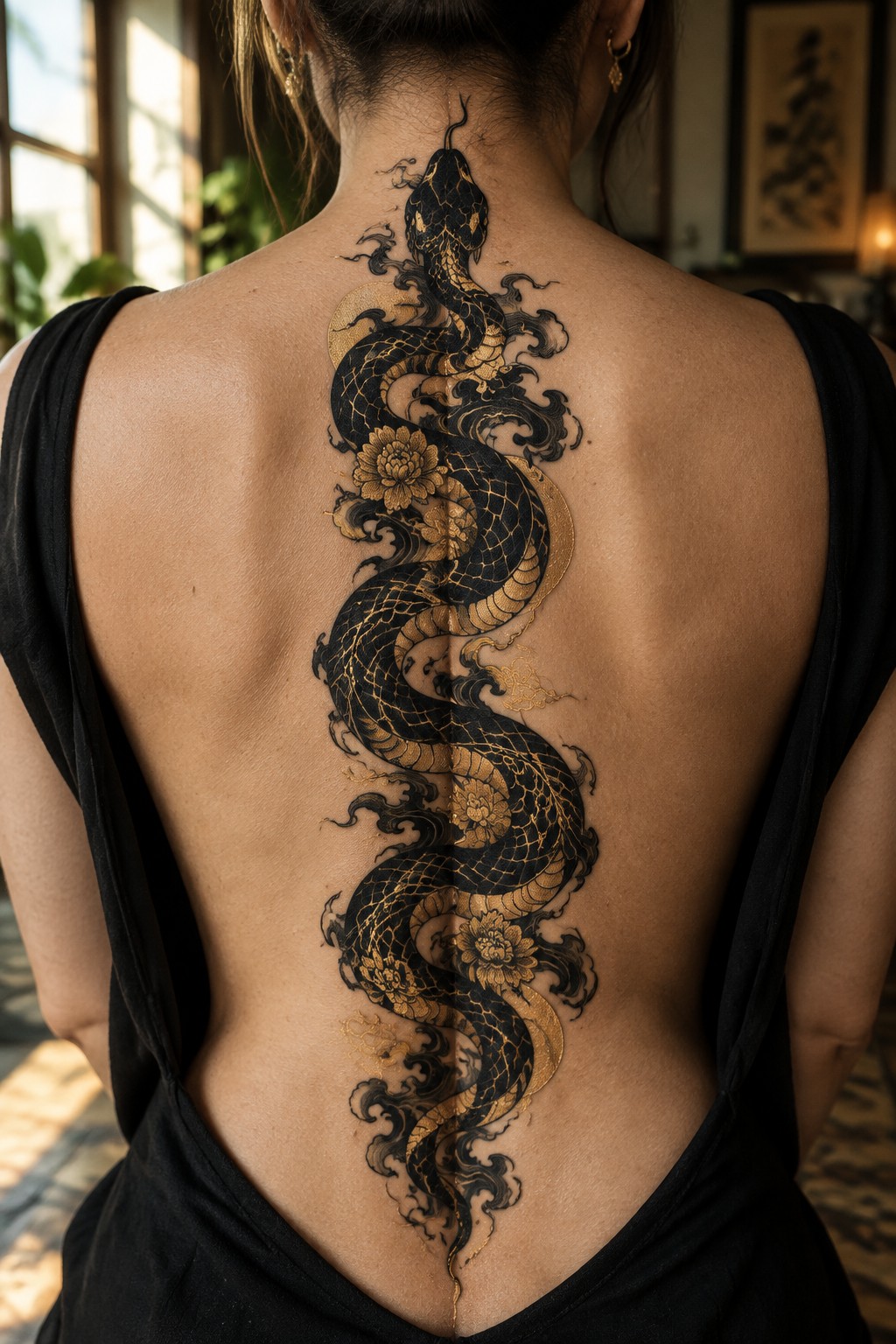 Woman's back with large black and gold snake tattoo winding down spine