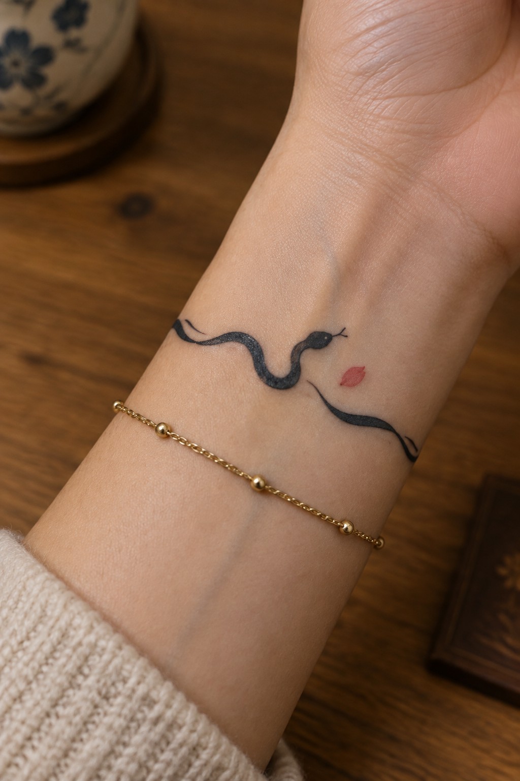 Minimalist black snake tattoo with a small red leaf on the inner wrist next to a thin gold bracelet.