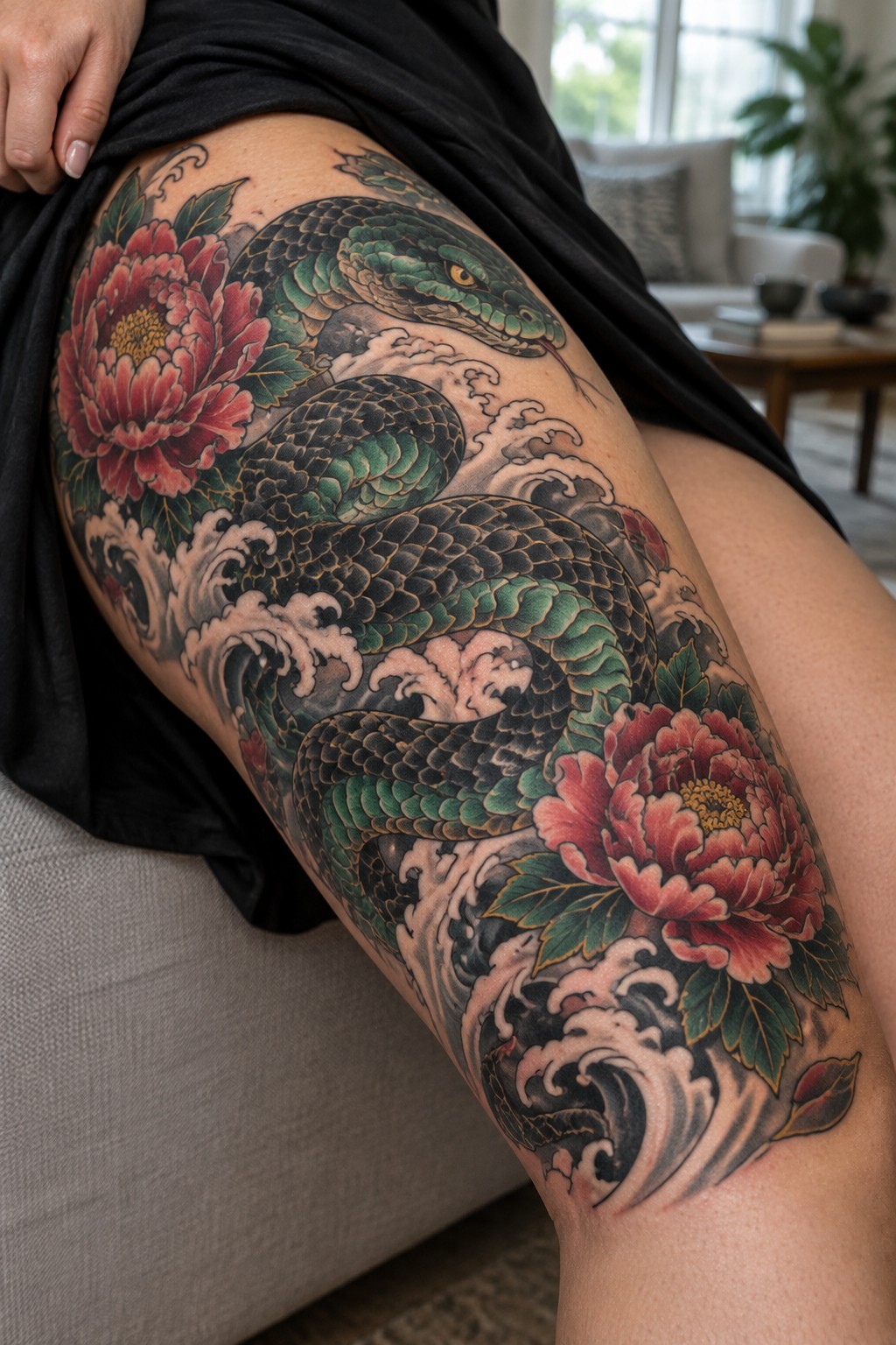 Japanese style thigh tattoo showing a green and black snake coiled among red peonies and waves