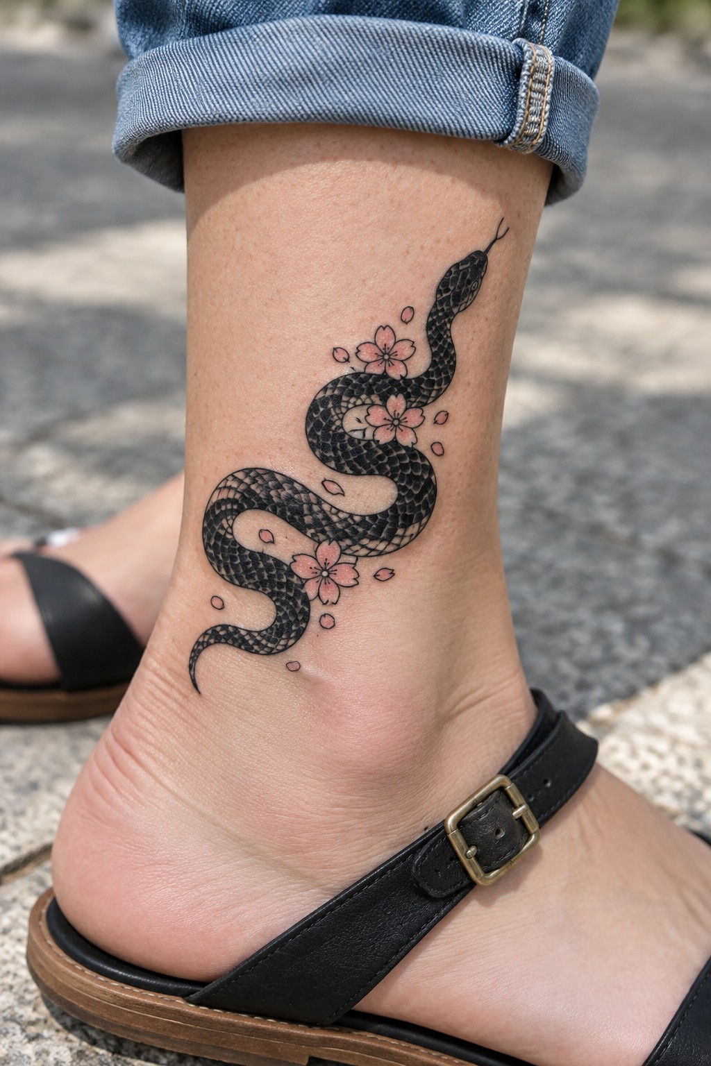 Black snake tattoo with pink cherry blossoms on ankle above black sandal and cuffed jeans