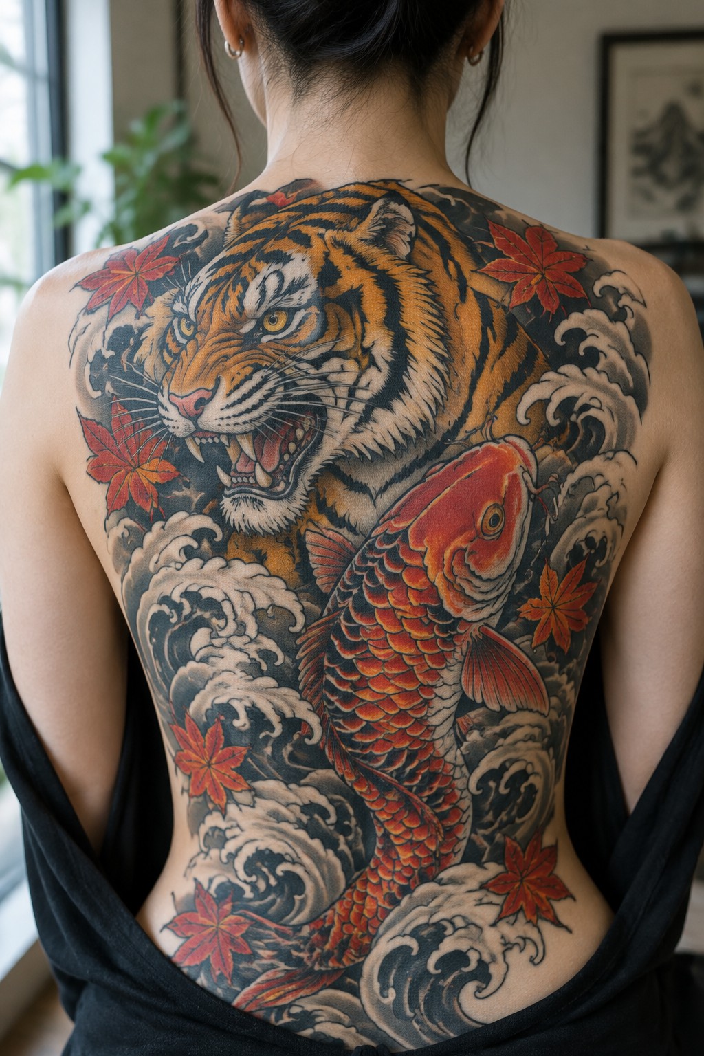 Woman's back with vibrant tattoo of roaring tiger, red koi, waves, and maple leaves.