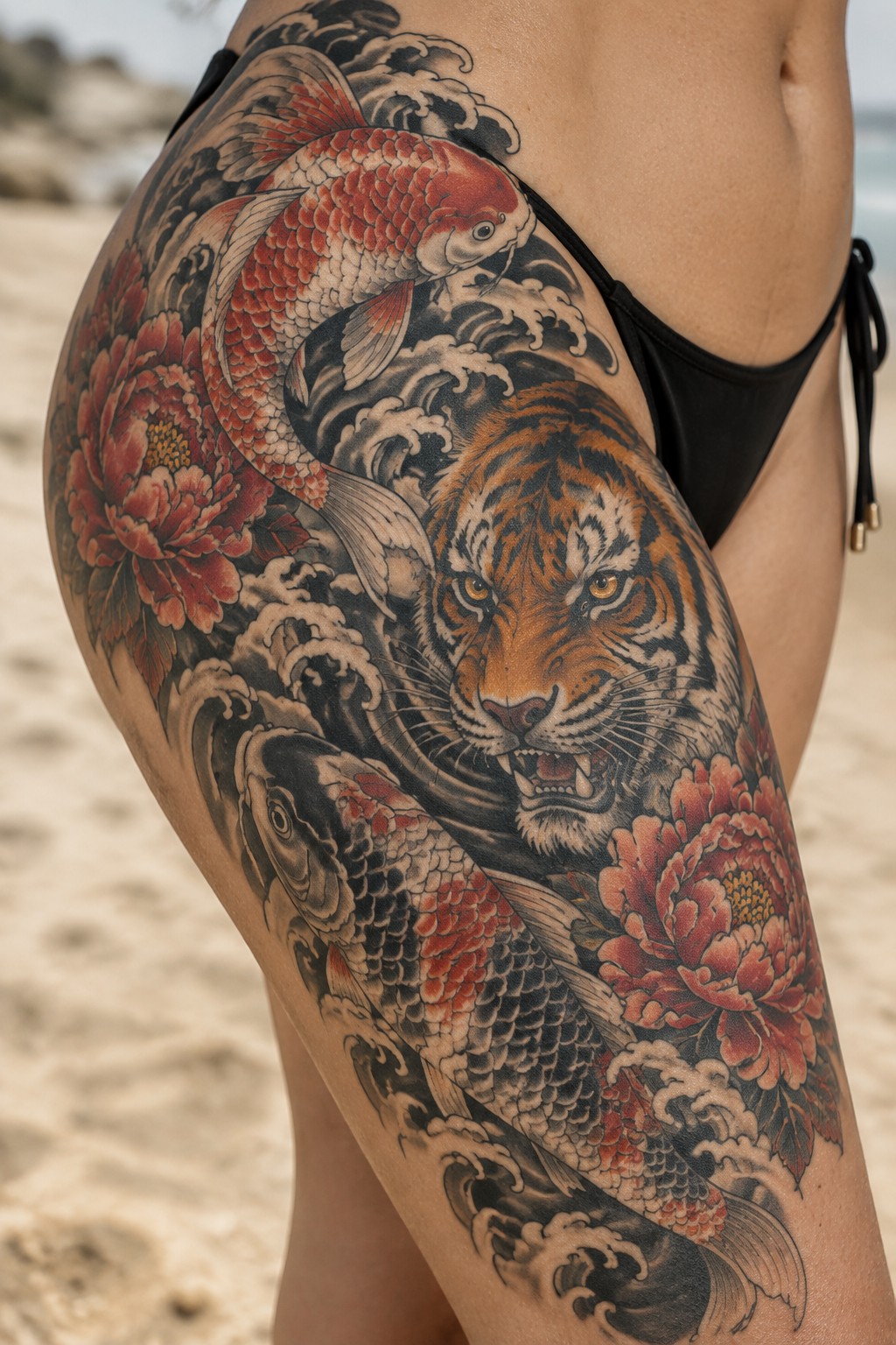 Large Japanese style tattoo on a woman's upper thigh showing a tiger head, red and black koi fish, peony flowers, and waves.