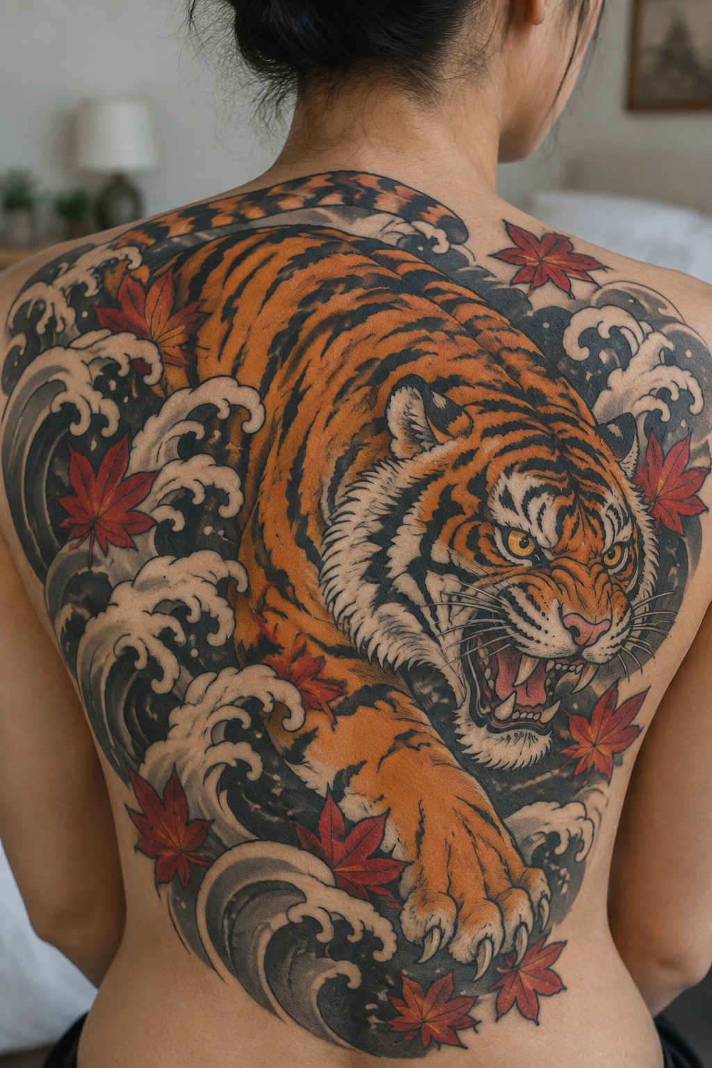 Intricate back tattoo of roaring tiger amid waves and red maple leaves