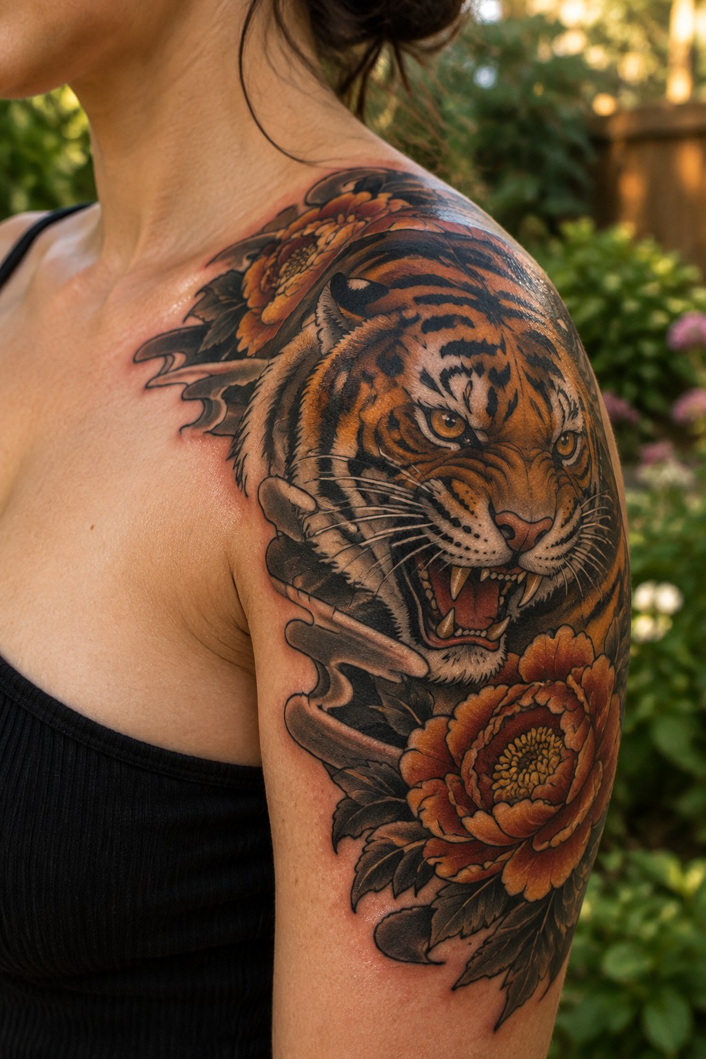 Large tiger head tattoo on a woman's shoulder with orange peonies in a Japanese style.