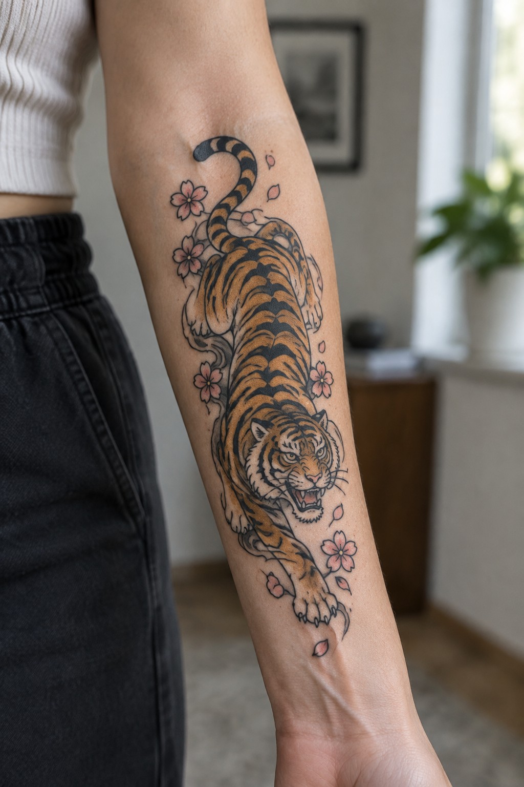 Close up of a tiger tattoo on the forearm with cherry blossom details in a Japanese style.