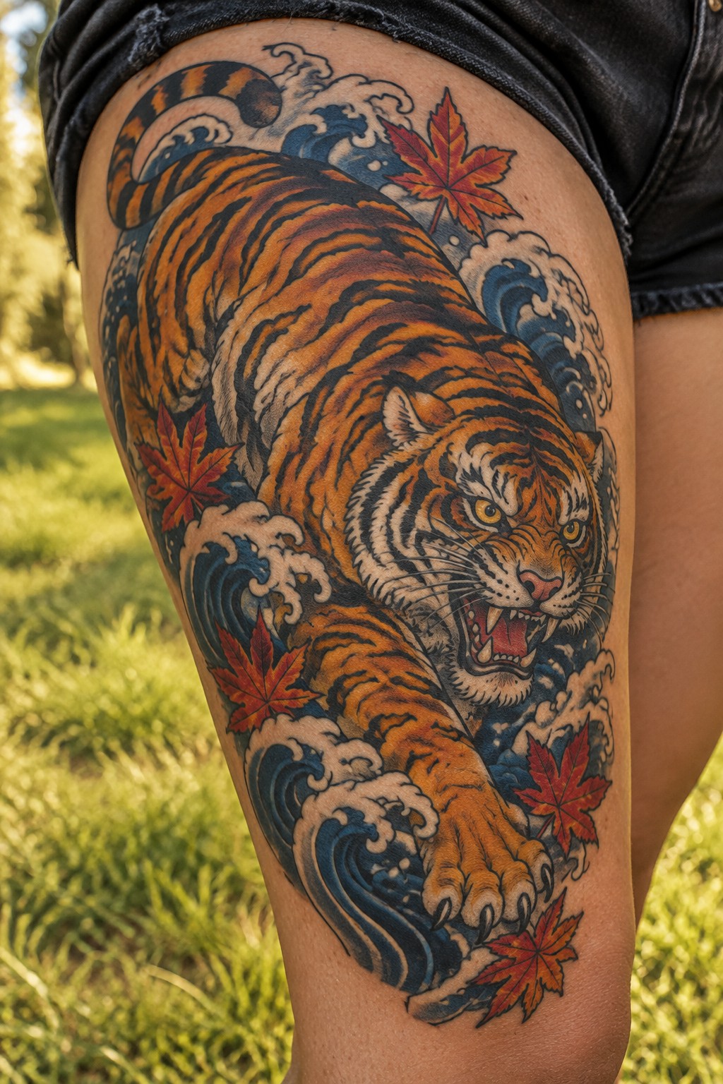 Tiger tattoo with blue waves and red maple leaves on thigh in black shorts