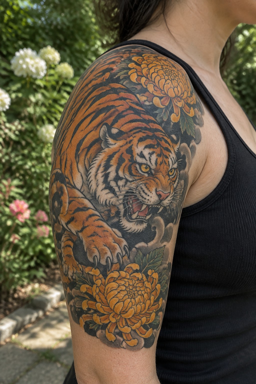 Vibrant tiger and orange chrysanthemum tattoo on upper arm in black tank top