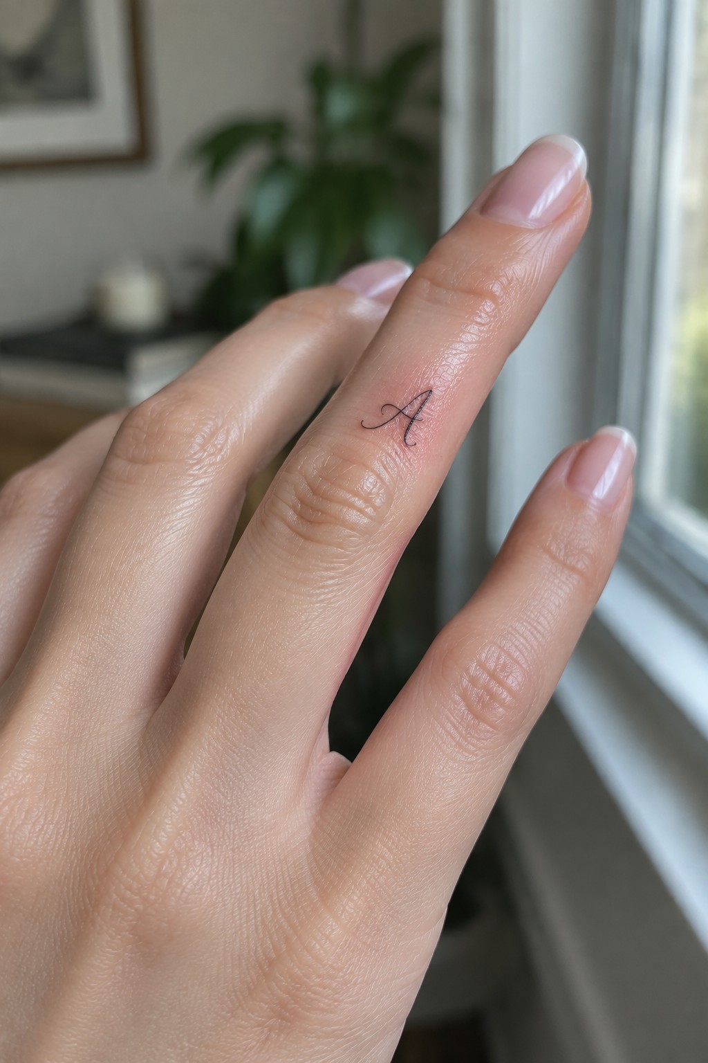 Hand with glossy pink nails and small black cursive A tattoo on one finger