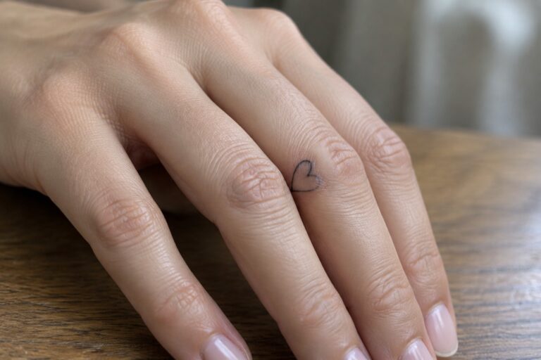 Hand with small heart tattoo on ring finger resting on wooden table in knit sweater