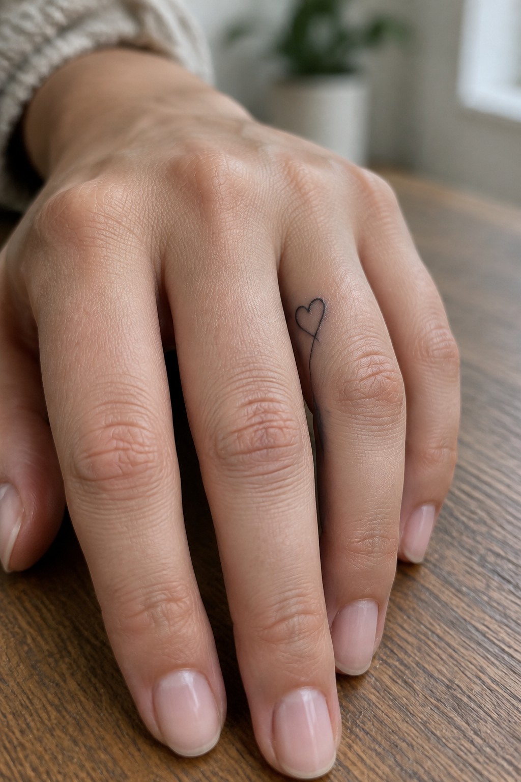 Hand with small heart tattoo on ring finger resting on wooden table in knit sweater