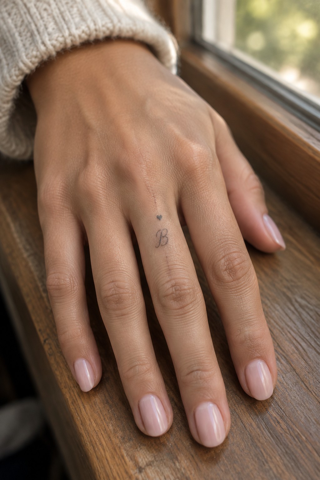 Hand with cursive B and heart tattoo on finger, light pink nails, beige sweater.