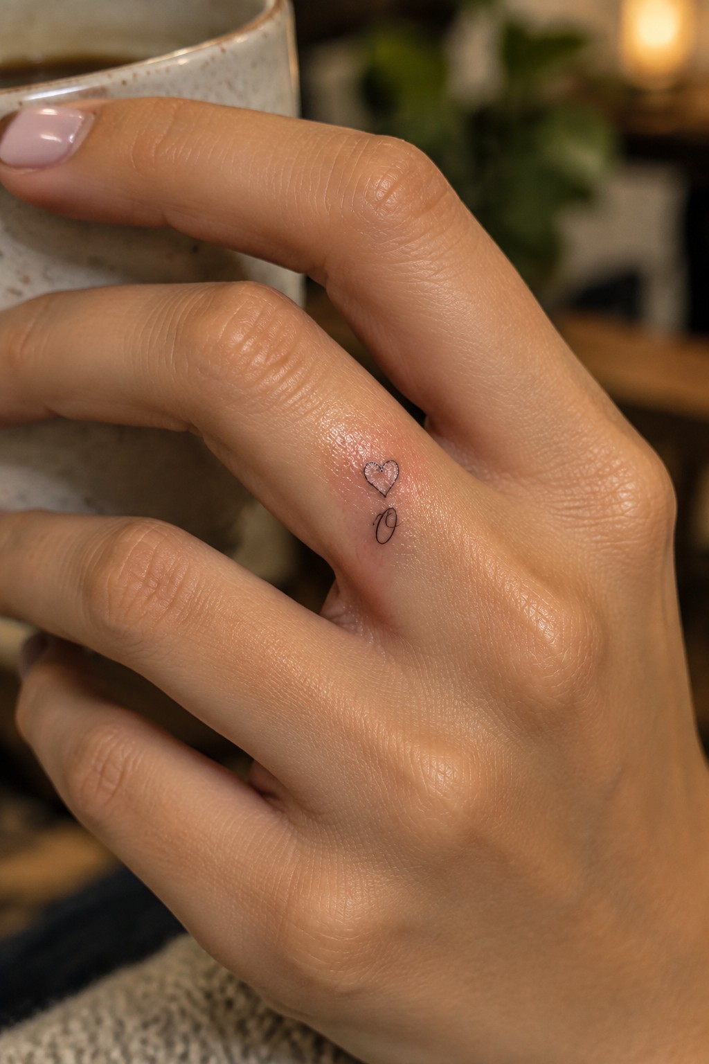 Hand holding speckled mug, heart and infinity tattoo on ring finger with pink nail