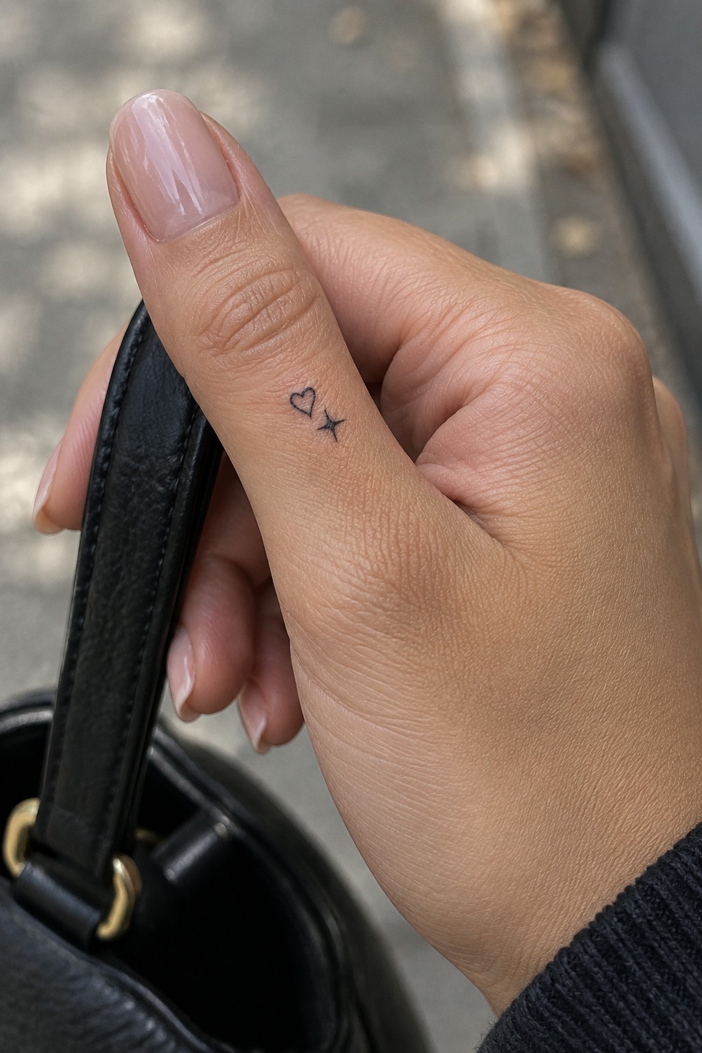 Close up of a small fine line heart and star tattoo on the side of a finger