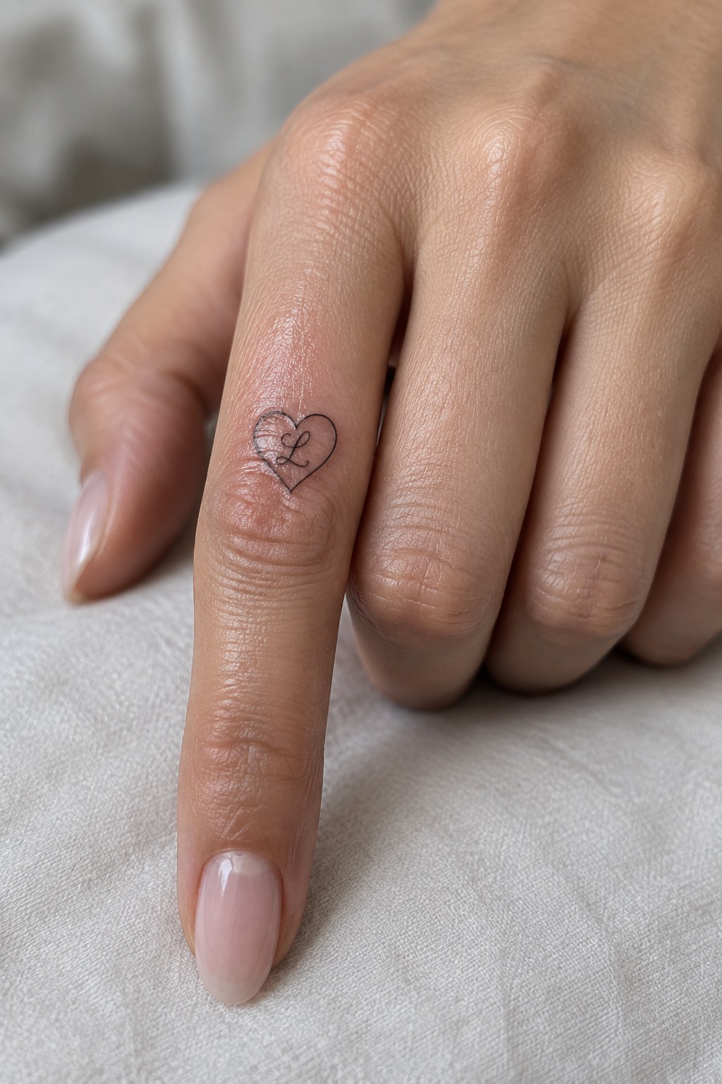 Ring finger with light pink nail and black heart tattoo containing cursive L