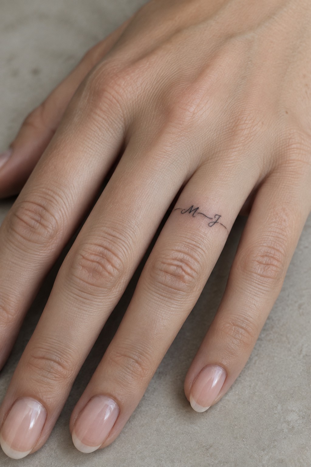 Hand with manicured nails and black cursive M-J tattoo on ring finger