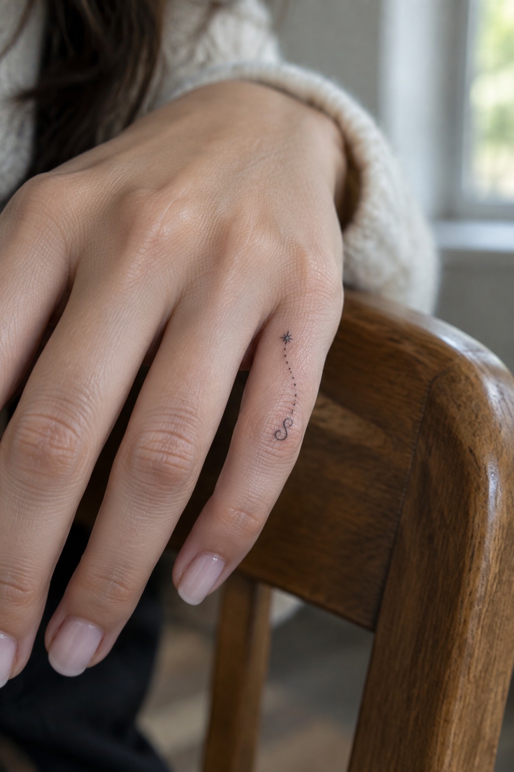 Fine line tattoo on the side of a ring finger with a small star above a dotted line that curves down to a cursive initial.