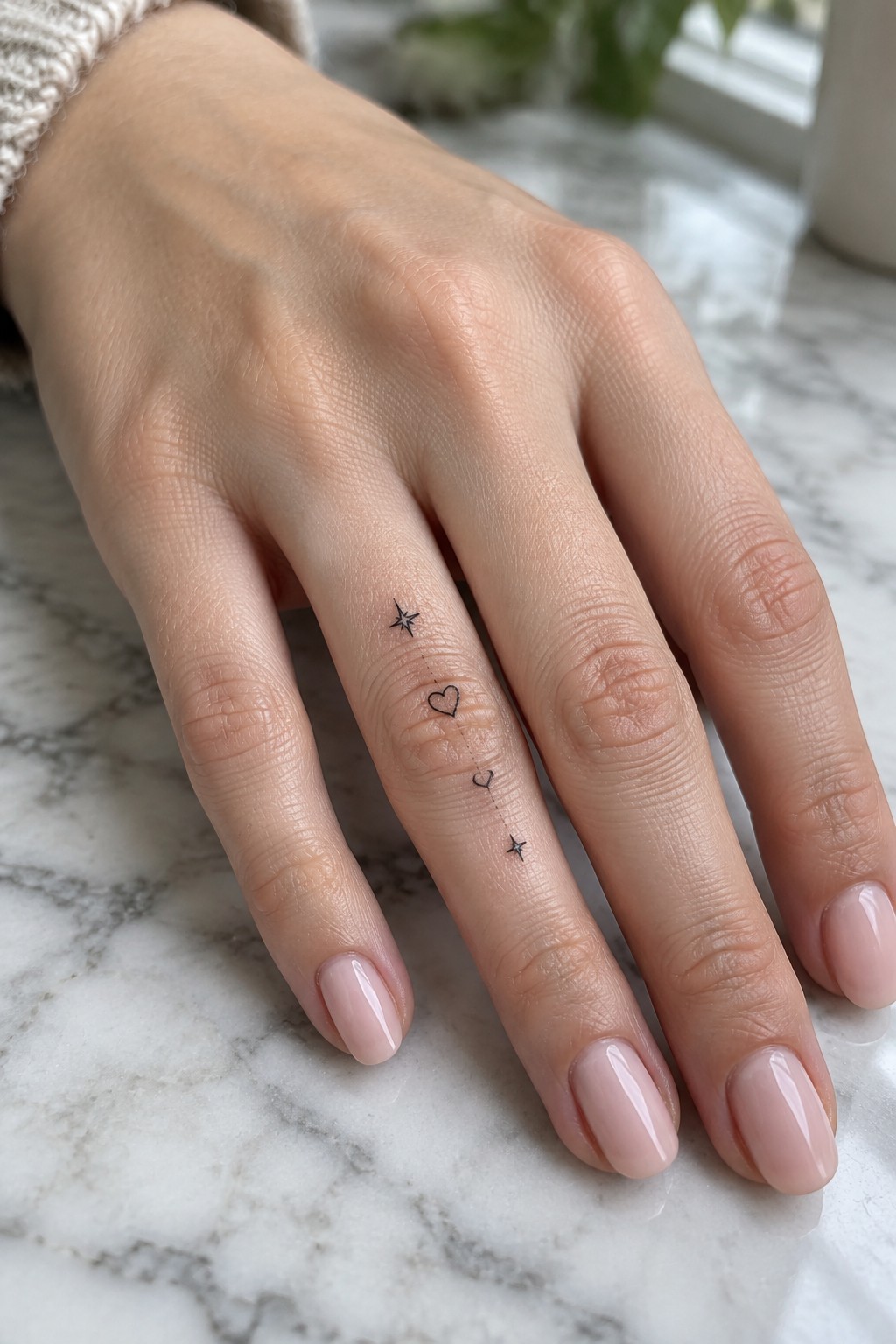 Fine line tattoo of two stars and two hearts connected by dots along the side of a finger