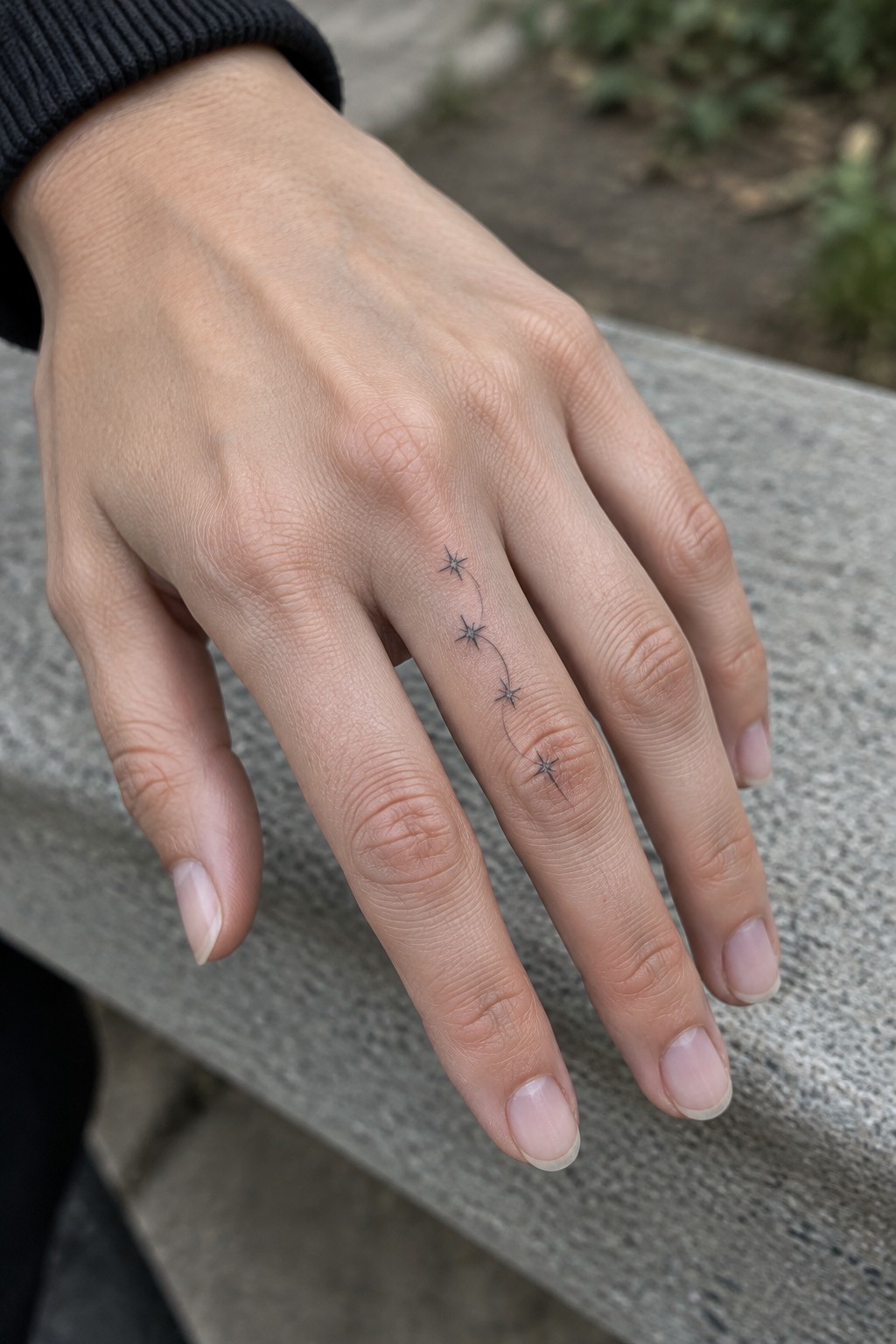 Hand with black sleeve and four-star constellation tattoo on ring finger atop stone.