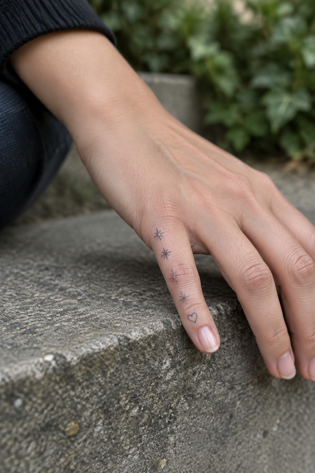 Hand with star and heart tattoos on index finger resting on stone surface.