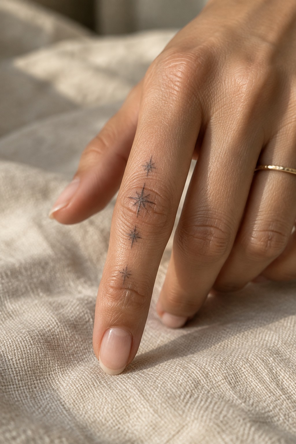 Hand with four star tattoos on index finger and thin gold ring on beige fabric