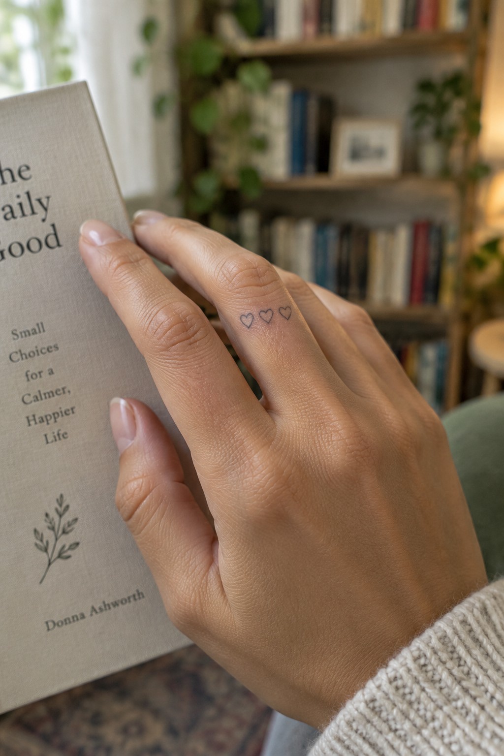 Hand with three small heart tattoos holds beige book near bookshelf